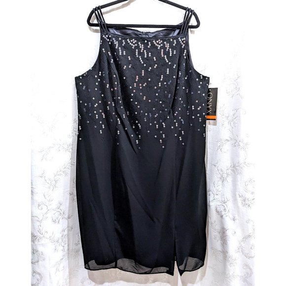 Sequin Embroidered Vintage 90s Square Neck Little Black Dress 24 Party Prom Glam - Picture 1 of 7